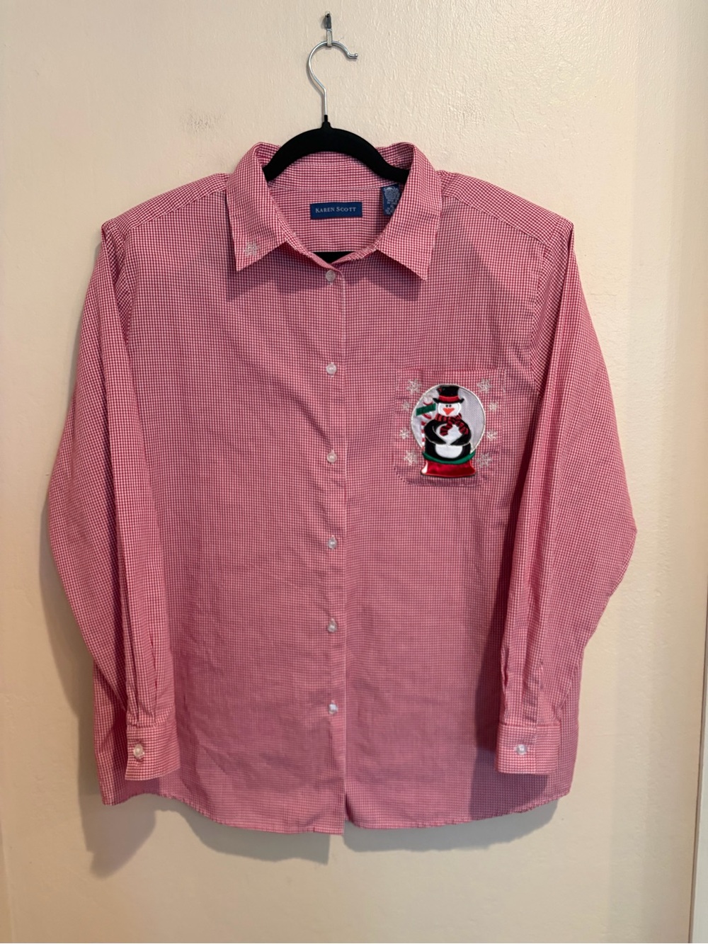 Karen Scott Red & White Gingham Holiday Snowmen Button Up Shirt, Size XL